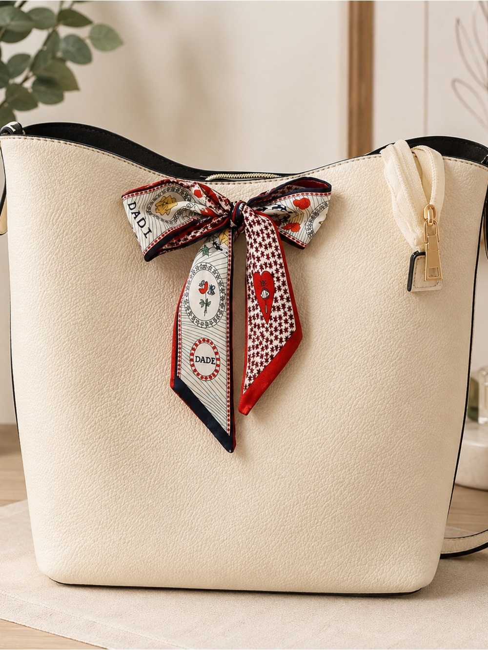 Elegant White Tote Bag with Scarf Accent